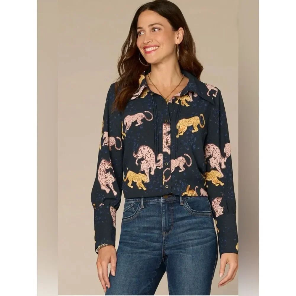 Democracy M Navy Long French Cuff Band Sleeve Button Down Animal Print Woven Top